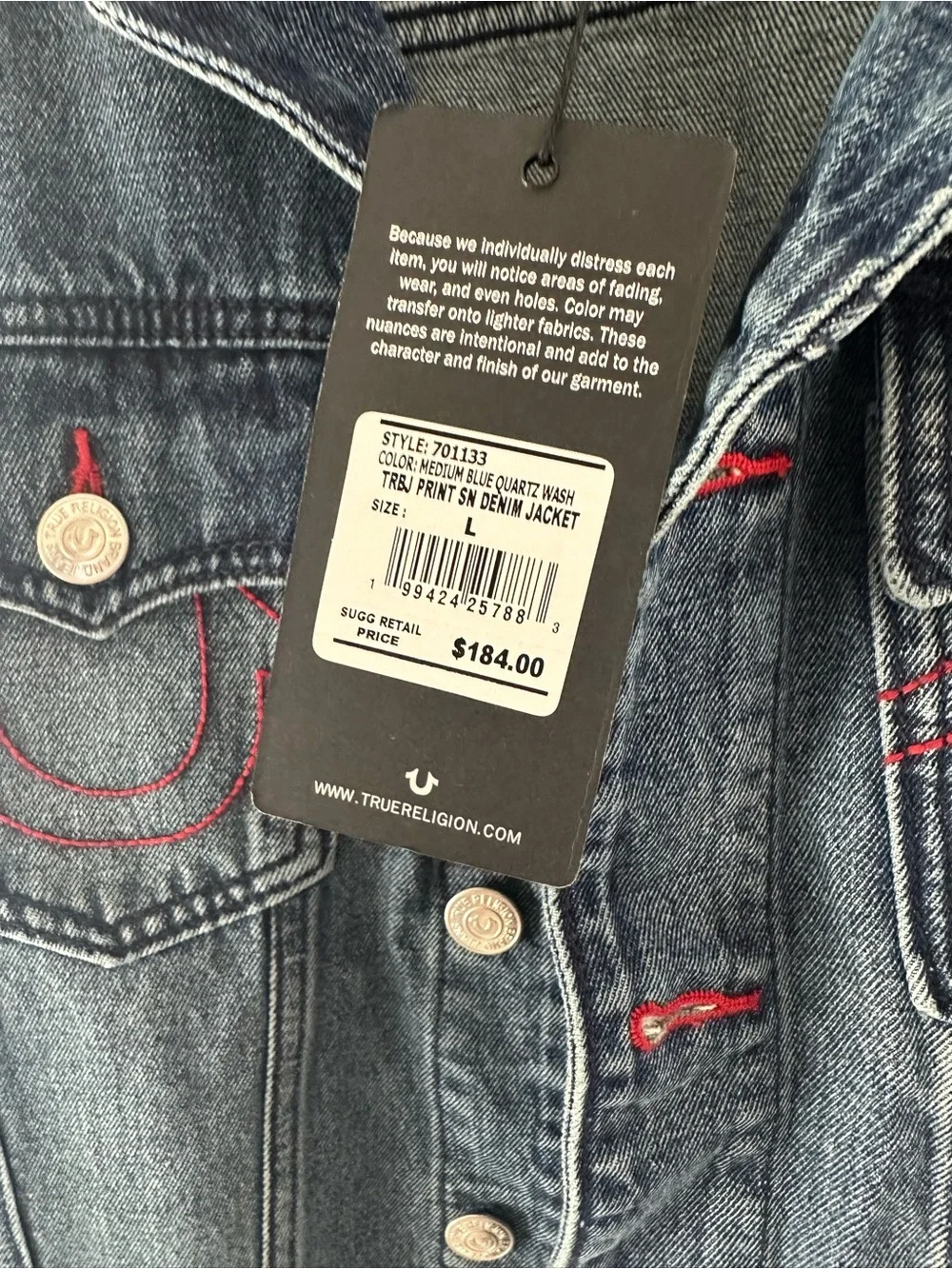 True Religion Men's Dark Blue Denim Jacket with Red Logo
